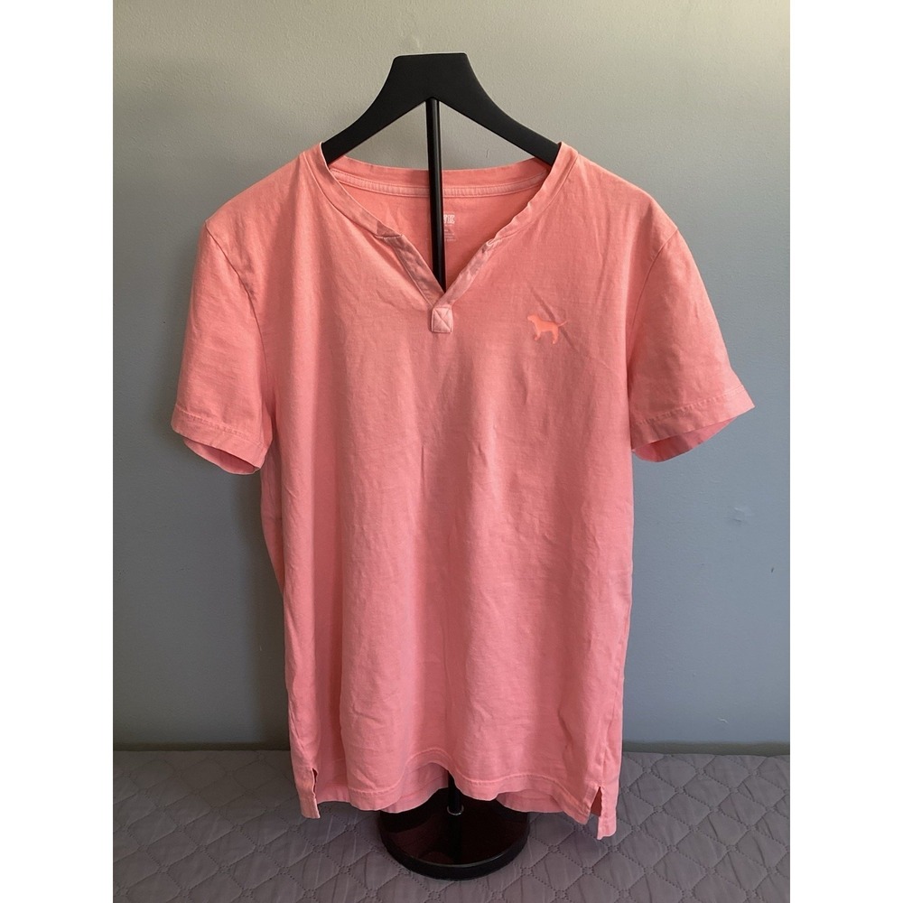 Vintage Victoria Secret Size M Pink Neon Dog Logo Pink V Neck Short Sleeve Shirt